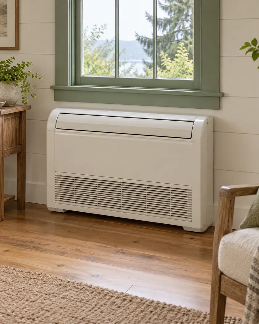 Cream floor-console heating and cooling unit beneath a sage-green window in a light room.