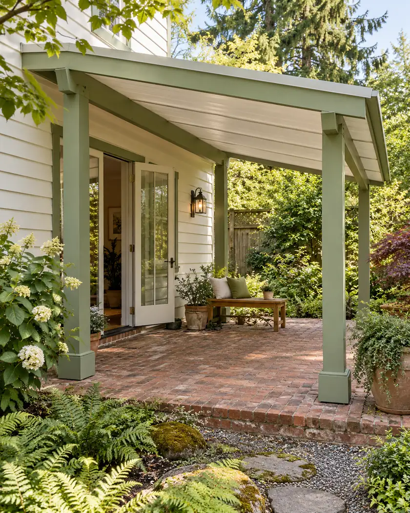 Sage-green patio cover above a brick terrace beside an open rear door in a cream cottage.