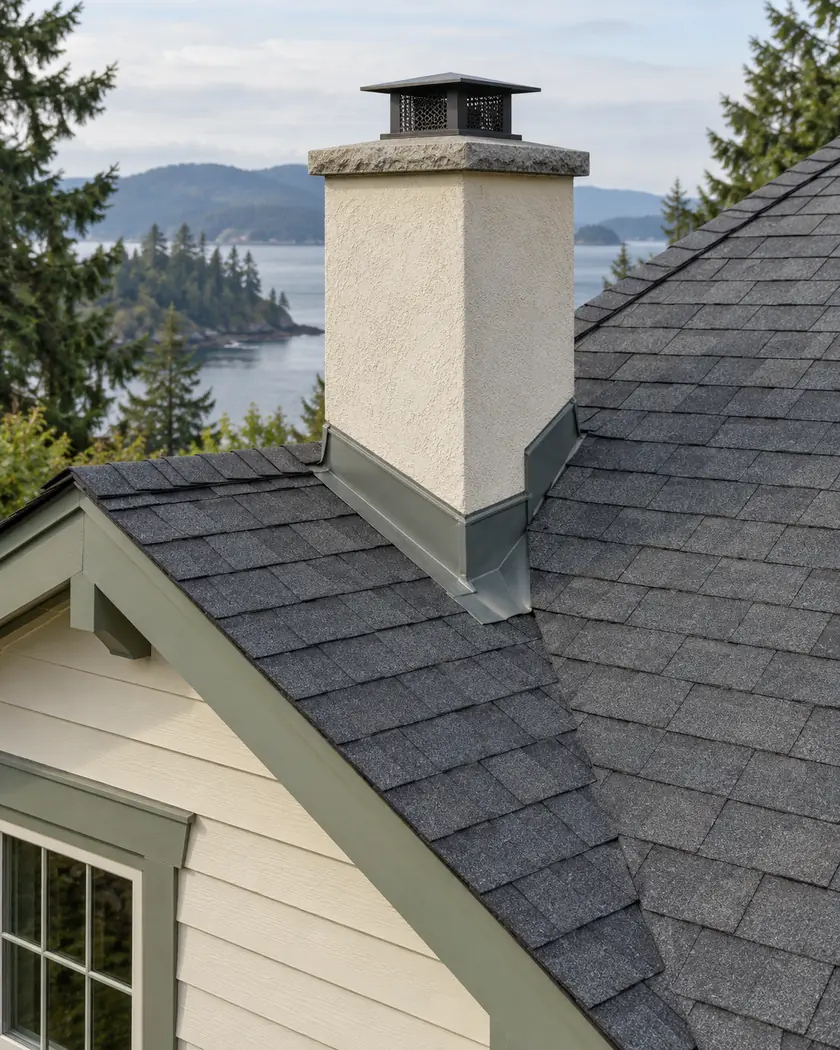 Gray asphalt shingles around a cream chimney above cream siding.