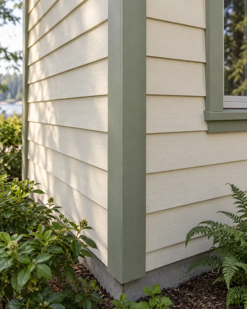 Cream horizontal siding meeting sage-green trim at an outside wall corner.