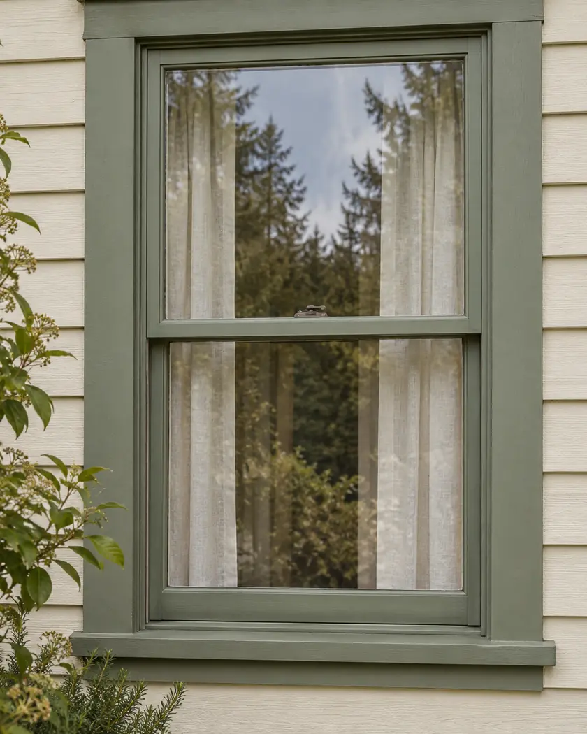 Sage-green double-hung window in a cream exterior wall with pale curtains behind the glass.