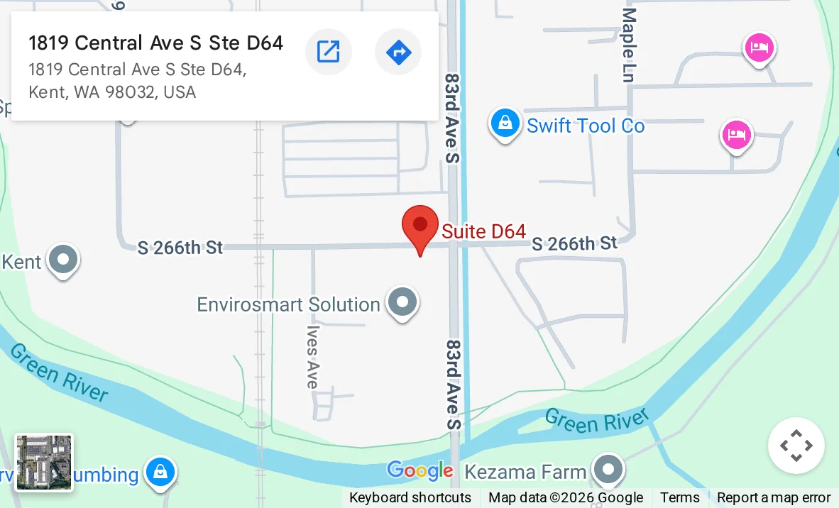 Map showing Evergreen Home Pro at 1819 Central Ave S, Suite D64, Kent, near S 266th Street and the Green River