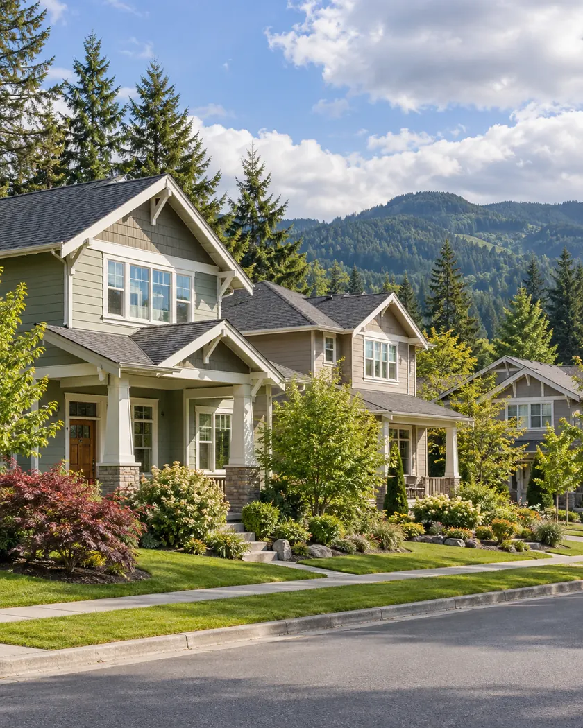 Craftsman homes in a Washington neighborhood with evergreen trees and forested hills