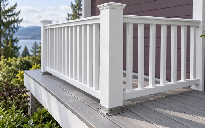 White guard post and balusters above gray deck boards.