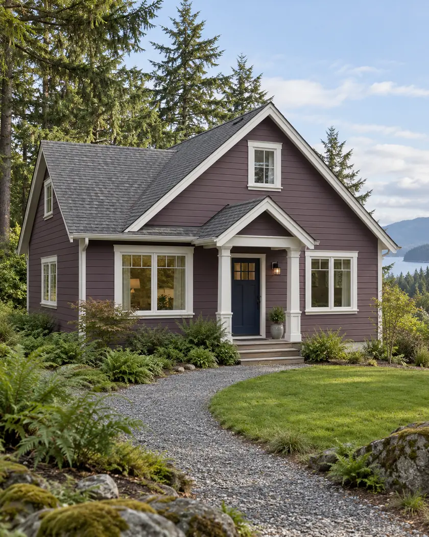 Muted plum house with white trim, gray gabled roof, navy door and a fern-lined gravel path.
