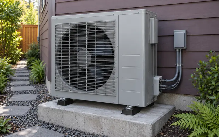 Silver-gray heat pump on a pad beside a plum-colored wall.