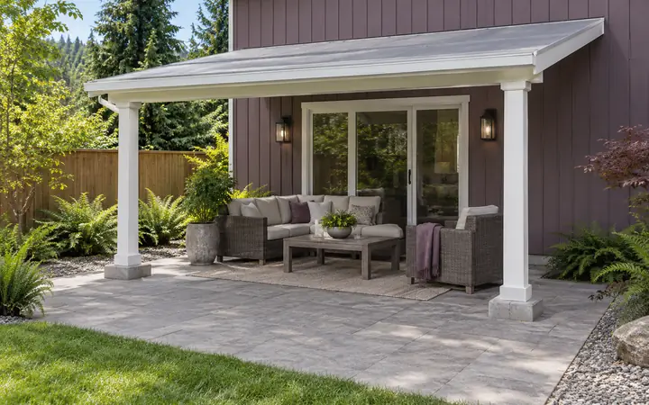 White patio cover above paving beside muted plum siding.