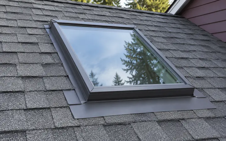 Rectangular skylight in a weathered-gray shingle roof.