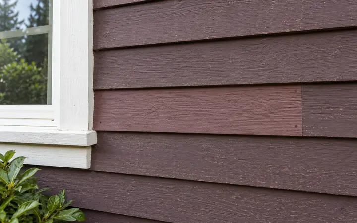 Muted plum lap siding with a board joint near white trim.