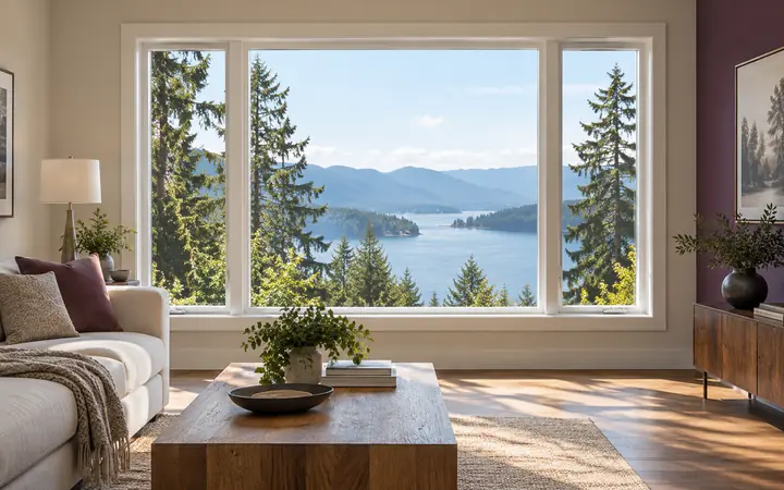White-framed living-room window beside a muted plum accent wall.