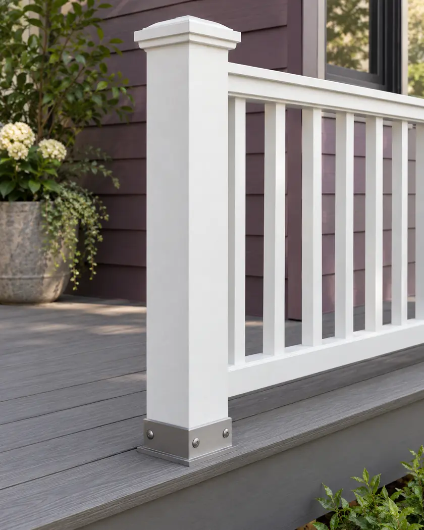 White deck guard post and balusters above gray decking beside muted plum siding.
