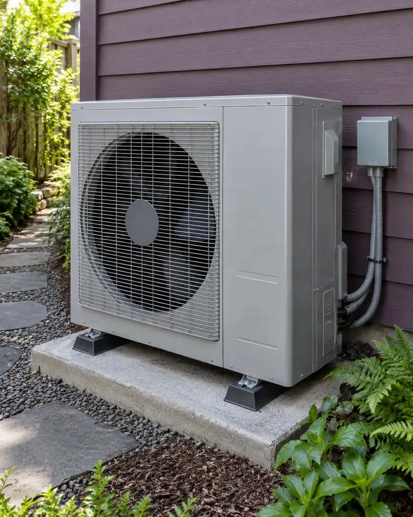 Silver-gray outdoor heat pump on a pad beside muted plum siding and a narrow garden path.