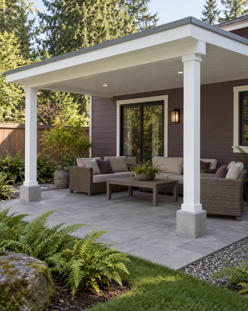 White supported patio cover with a gray sloping roof above a paved sitting area beside plum siding.