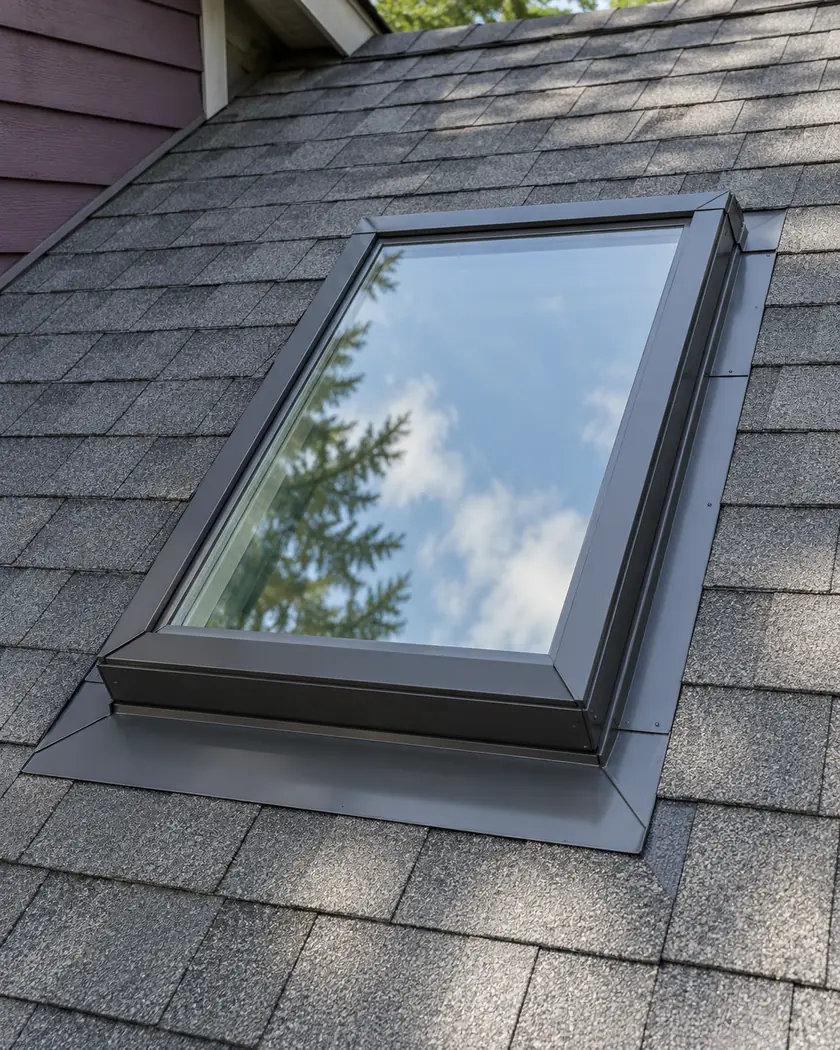 Rectangular glass skylight with metal edging in a weathered-gray shingle roof.