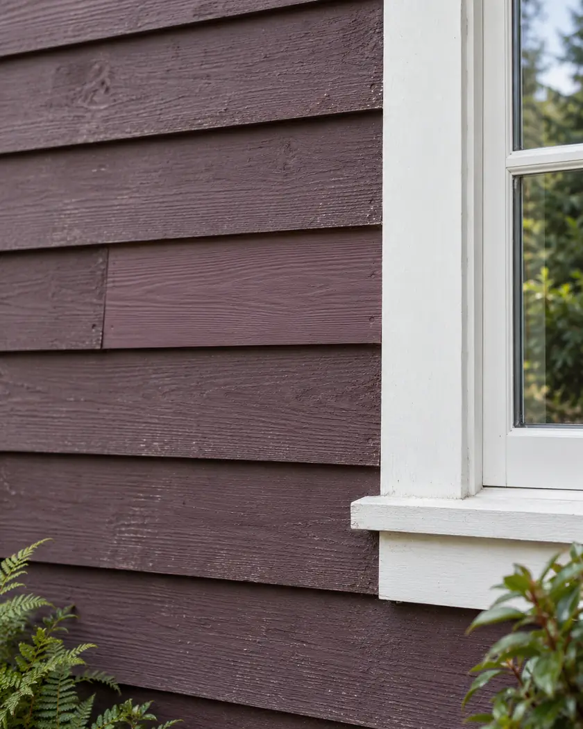 Muted plum lap siding with a visible board joint beside white window trim.