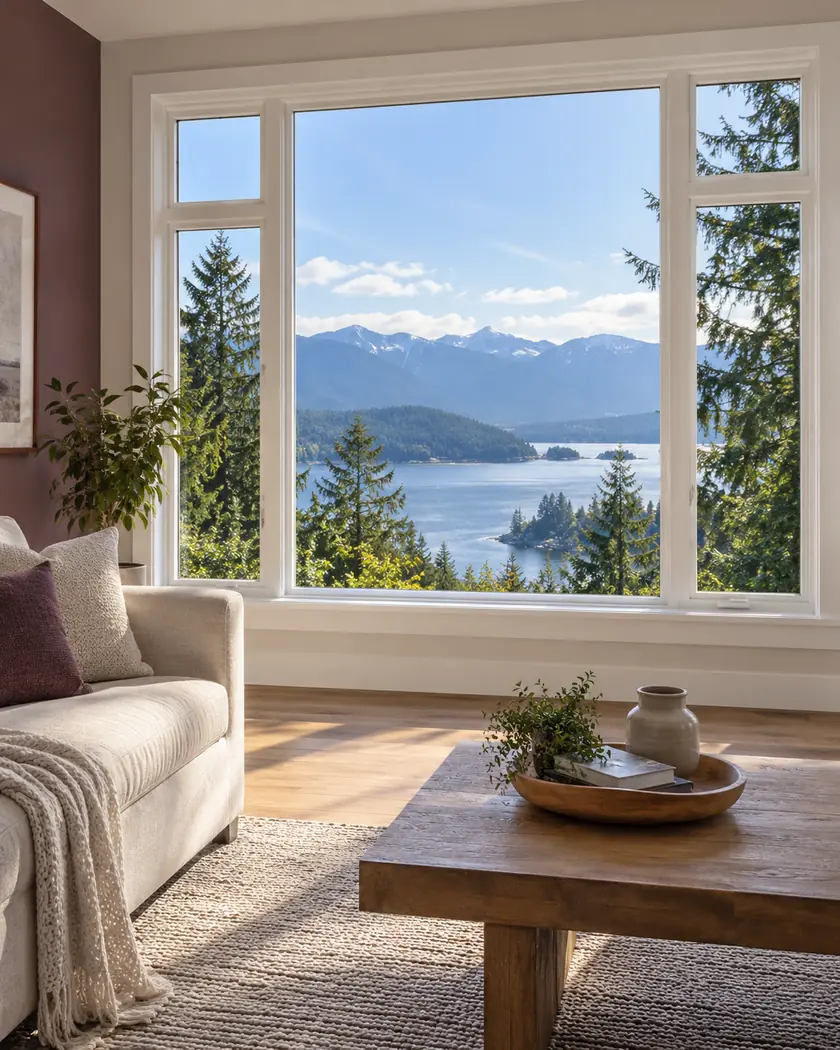 Broad white-framed living-room window beside a muted plum wall and light furnishings.