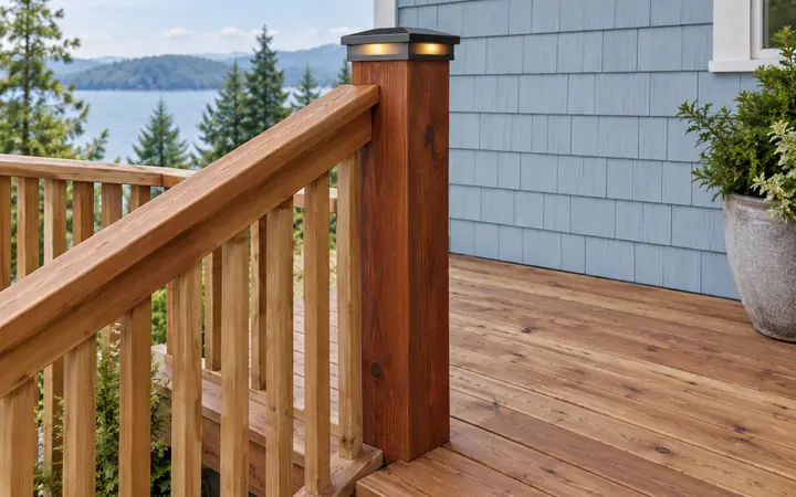Natural wood deck guard with a black post-cap light.