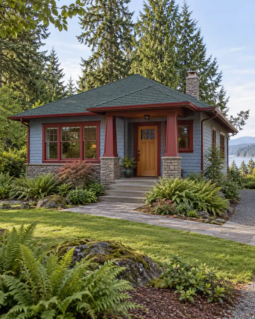 Pale blue-gray shingle-clad bungalow with red trim, green hip roof and a fern garden.