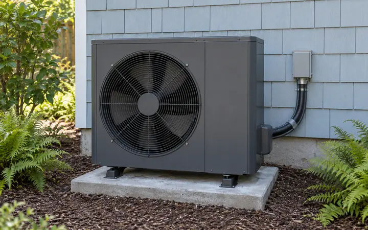 Dark gray outdoor heat pump on a concrete pad beside shingle siding.
