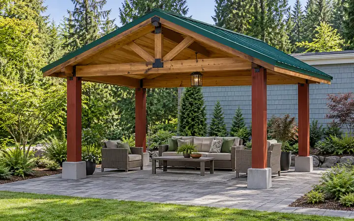 Red-post patio cover with a green gabled roof above a paved garden area.