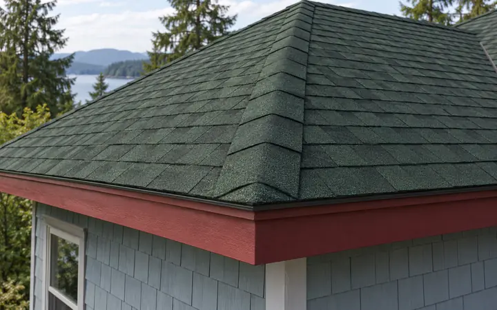 Forest-green shingles on intersecting roof planes above red fascia.