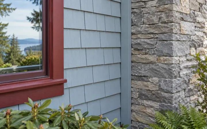 Pale blue-gray shingle siding meeting gray stone veneer beside red trim.