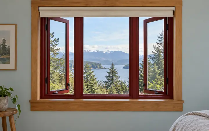 Red-framed window with natural wood casing and a cream roller blind.