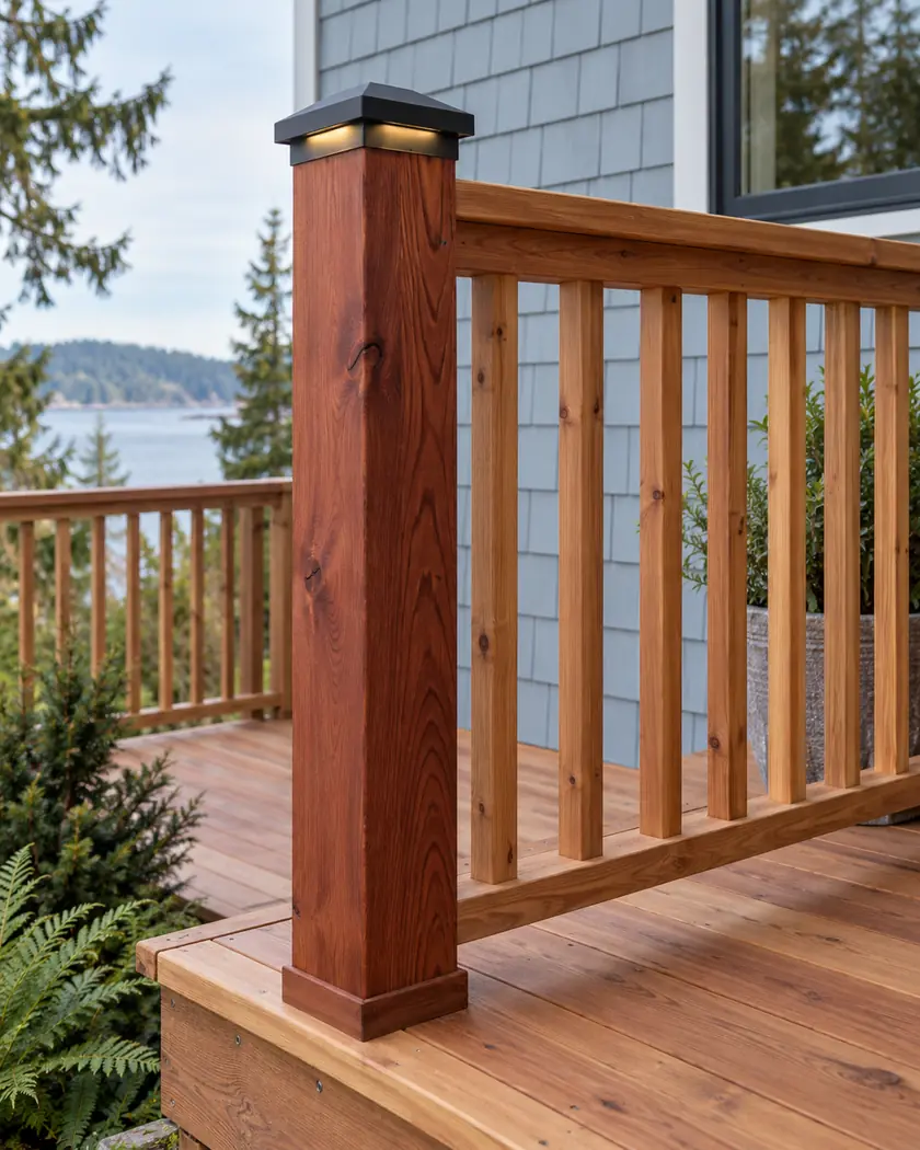 Cedar deck guard with a red post and black post-cap light.
