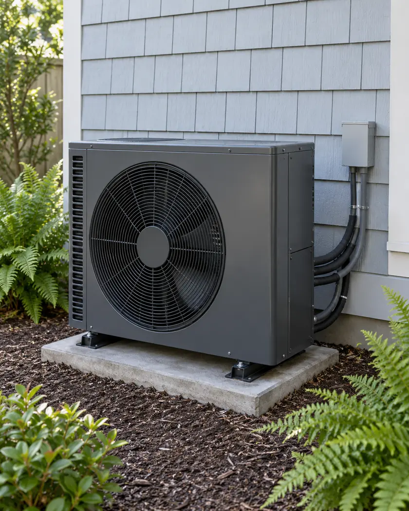 Dark gray outdoor heat pump on a concrete pad beside shingle siding.