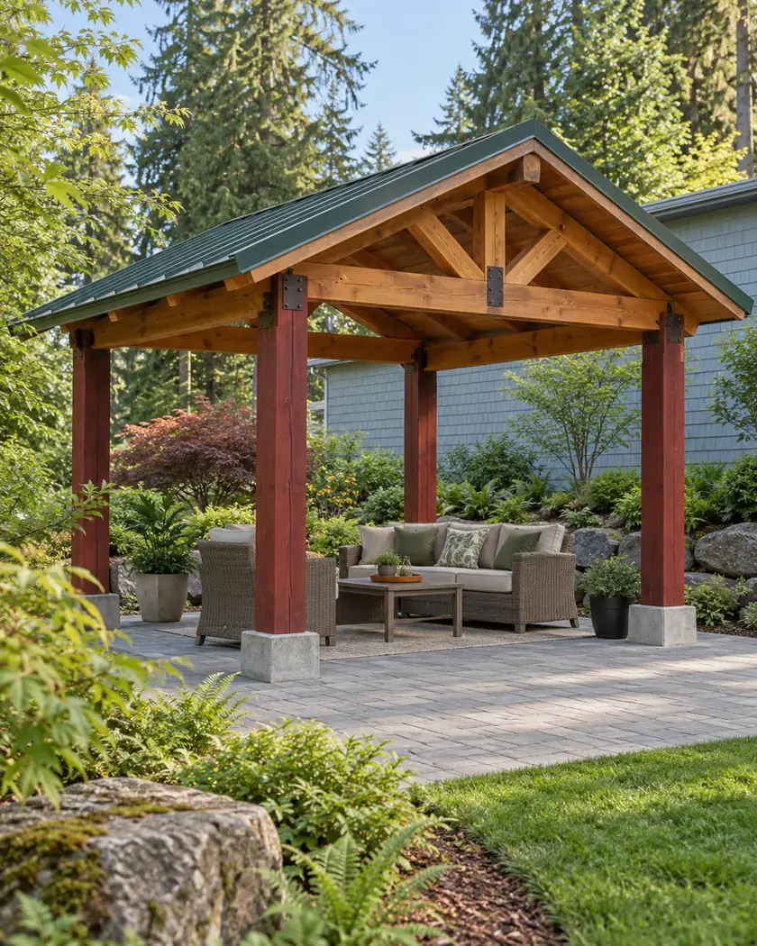 Red-post patio cover with a green gabled roof above a paved garden area.