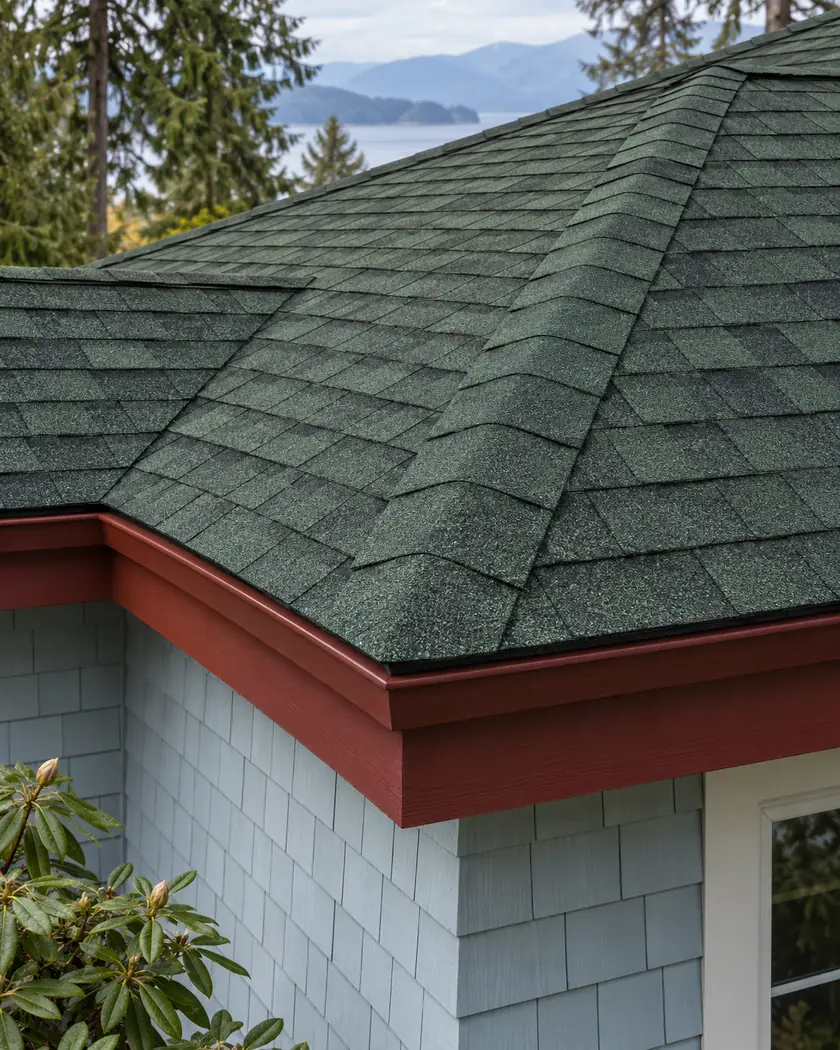 Forest-green shingles on intersecting roof planes above red fascia.