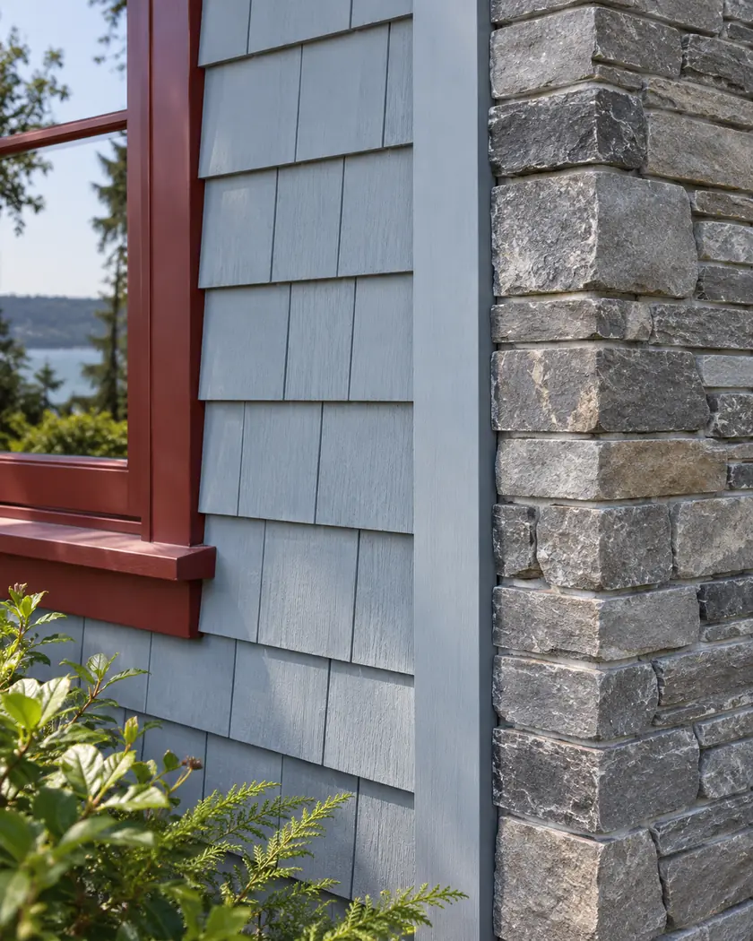 Pale blue-gray shingle siding meeting gray stone veneer beside red trim.