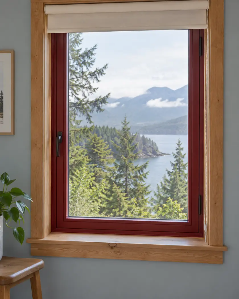 Red-framed window with natural wood casing and a cream roller blind.