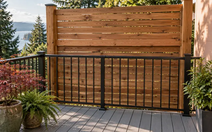 Cedar privacy screen behind a black deck guard and gray decking.