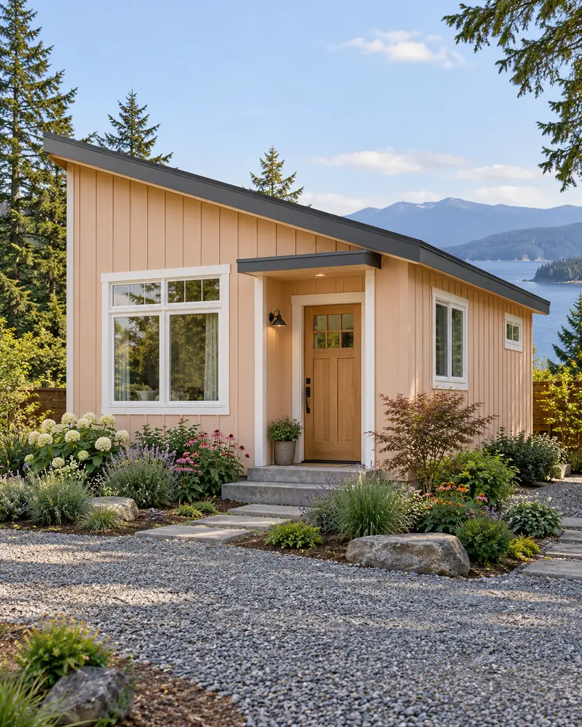 Pale peach contemporary cottage with vertical cladding, white trim and a charcoal shed roof.