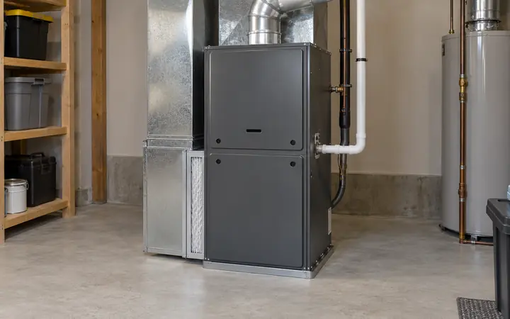 Dark gray furnace and lower filter housing in a tidy utility room.
