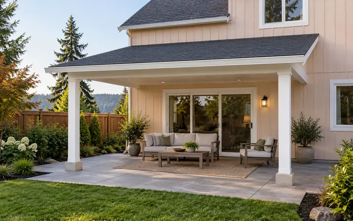 White patio cover below a taller peach-clad wall and charcoal house roof.
