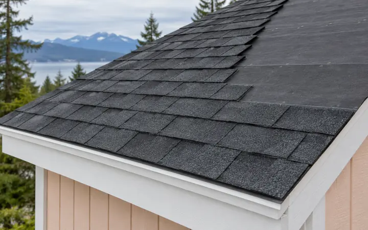 Charcoal roof shingles meeting a plain dark underlayment strip above white fascia.