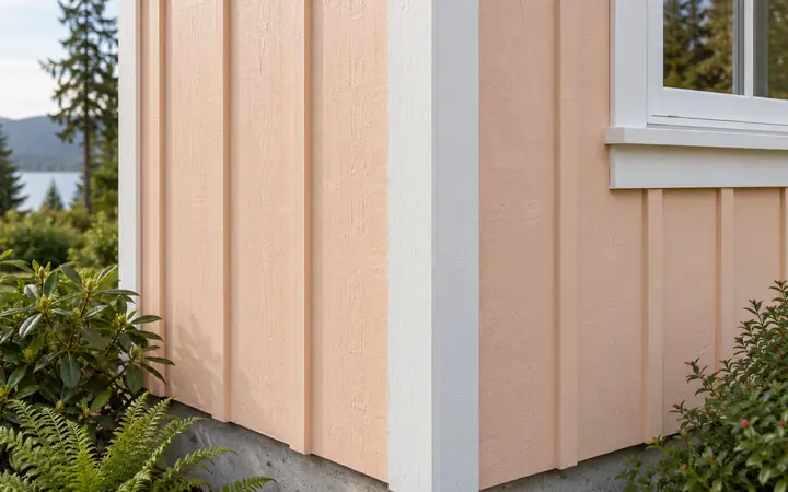 Pale peach vertical board-and-batten siding beside white trim.