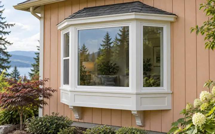 White projecting bay window in pale peach vertical cladding.