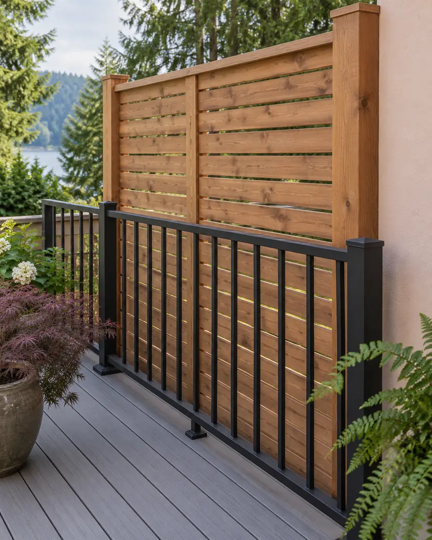 Cedar privacy screen behind a black deck guard and gray decking.