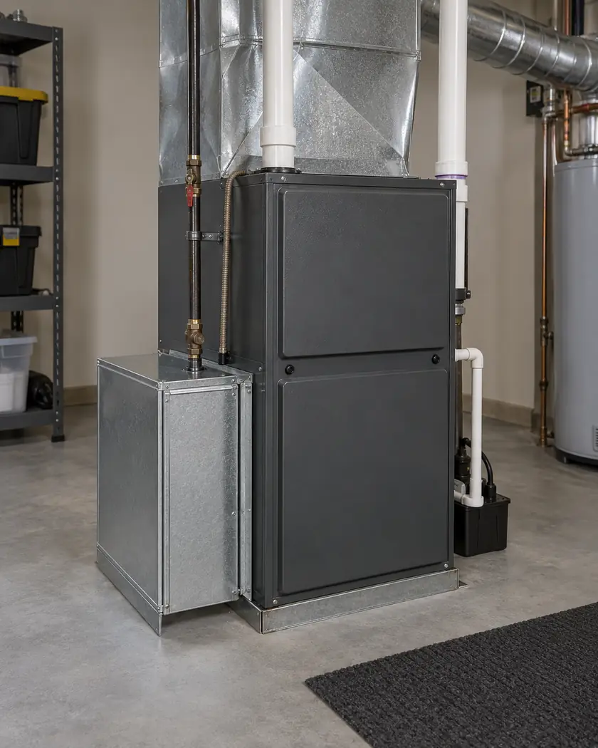 Dark gray furnace and lower filter housing in a tidy utility room.