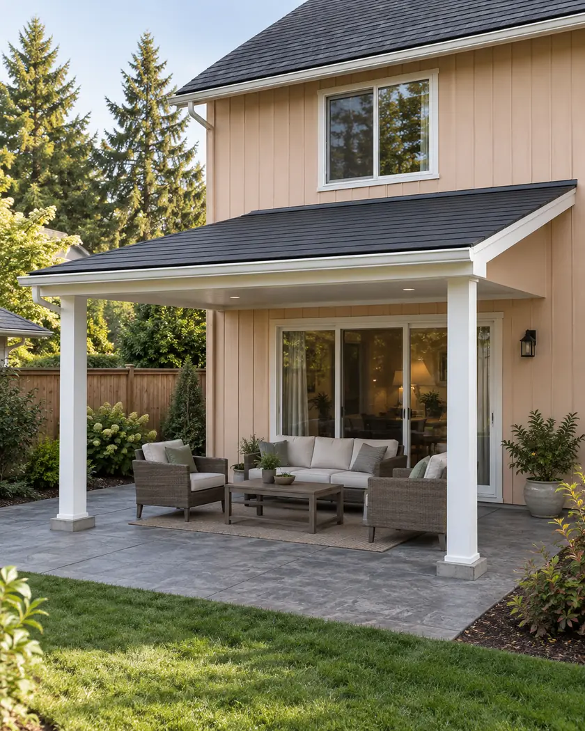 White patio cover below a taller peach-clad wall and charcoal house roof.