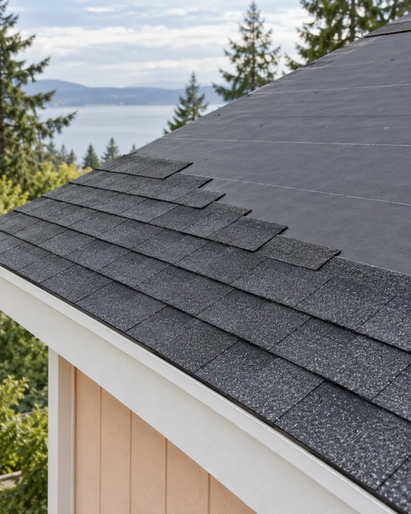 Charcoal roof shingles meeting a plain dark underlayment strip above white fascia.