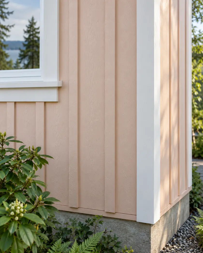 Pale peach vertical board-and-batten siding beside white trim.