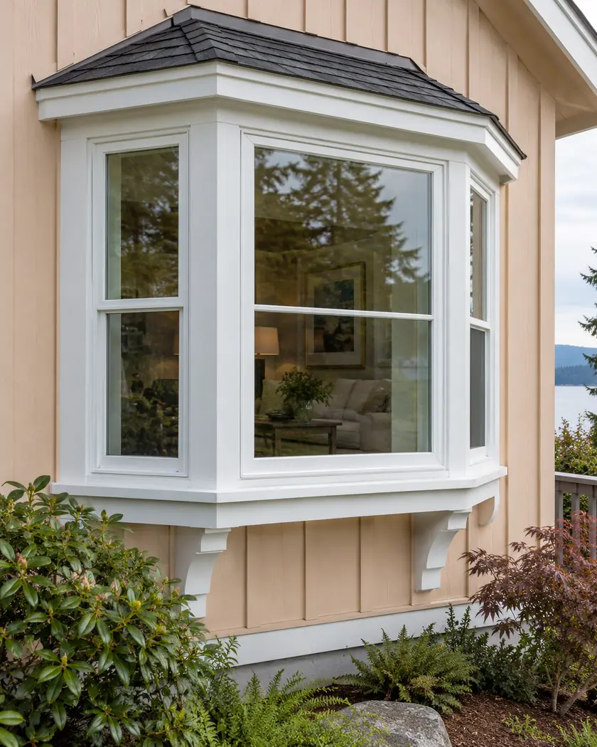 White projecting bay window in pale peach vertical cladding.