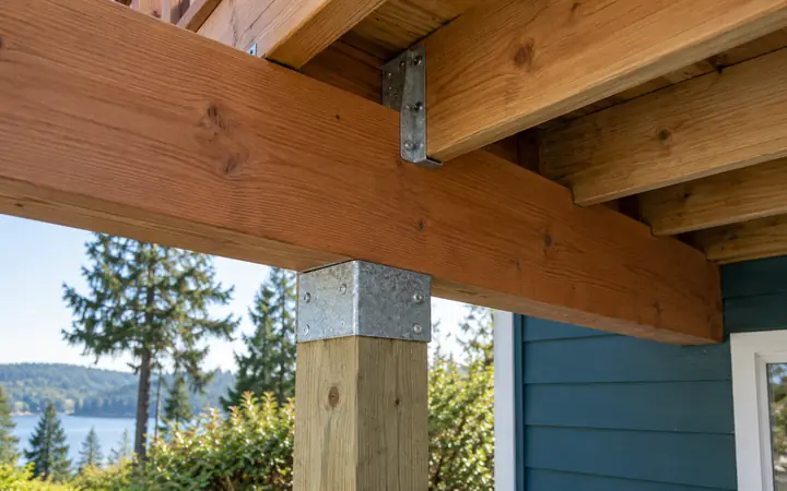Metal deck connector joining natural wood framing members.