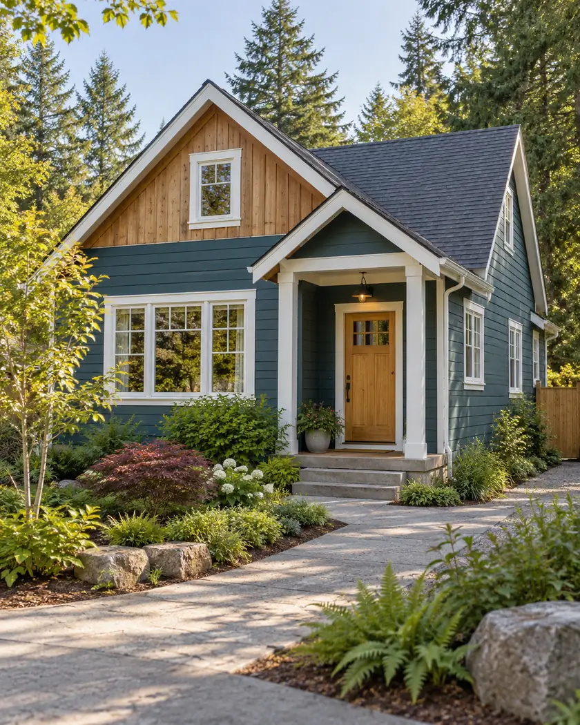 Deep teal cottage with a cedar gable accent, white trim and gray roof beside a planted garden.