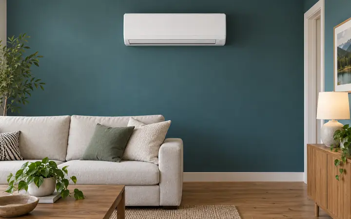 White indoor ductless heat-pump head on a teal wall above light seating.