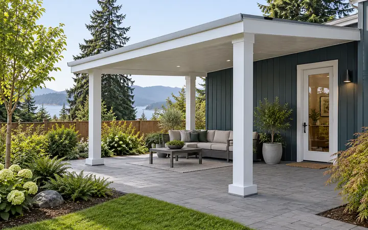 White patio cover with a sloping gray roof beside a teal wall and exterior door.